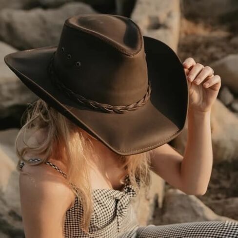 American Hat Makers Hollywood Australian Outback Oiled Genuine Leather Western Cowboy Hat, Breathable and Durable in Saudi Arabia