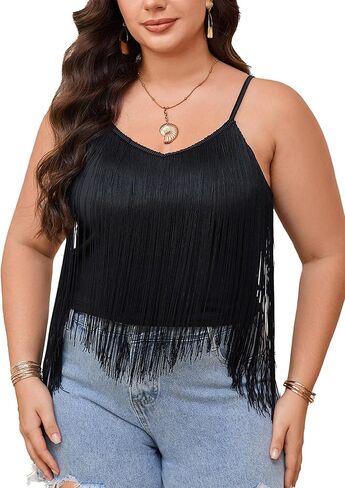 OYOANGLE Women's Plus Size Fringe Trim Asymmetrical Hem Spaghetti Strap Summer Crop Cami Tops in Kuwait