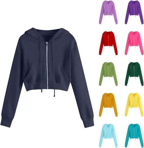 Womens Zip Up Hoodies Plus Size Cropped Long Sleeve Jacket Workout Hooded Sweatshirt Athletic Crop Hoodie For Women in Saudi Arabia