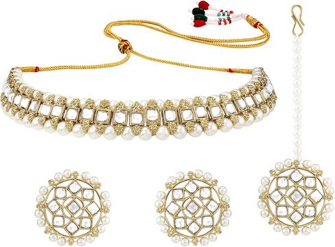 Aheli Traditional Gold Plated Kundan Choker Necklace with Stud Earrings and Maang Tikka Ethnic Jewelry Set Gift for Women in Saudi Arabia