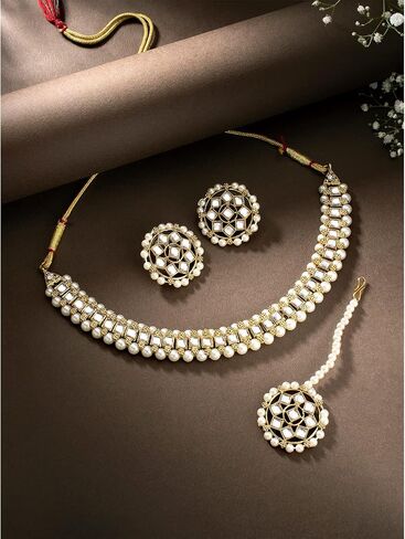 Aheli Traditional Gold Plated Kundan Choker Necklace with Stud Earrings and Maang Tikka Ethnic Jewelry Set Gift for Women in Saudi Arabia