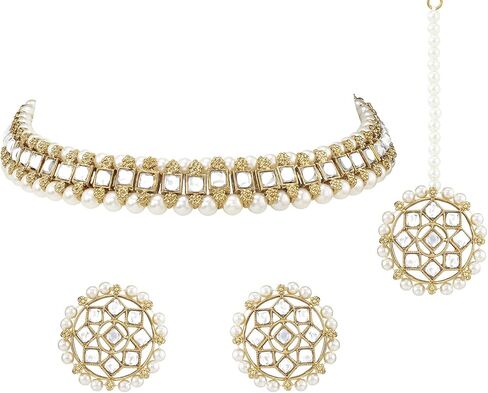 Aheli Traditional Gold Plated Kundan Choker Necklace with Stud Earrings and Maang Tikka Ethnic Jewelry Set Gift for Women in Saudi Arabia