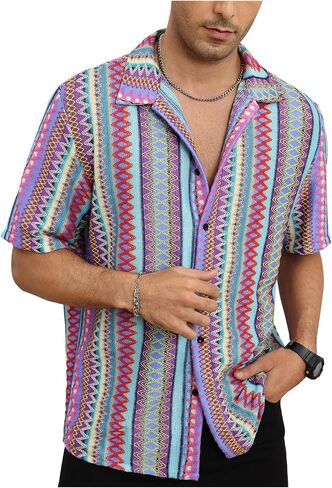 Oyoangle Men's Men Mens Mensure Button Button Down Down Dorts Block Short Sleeve Boho Facia Shirt in Saudi Arabia