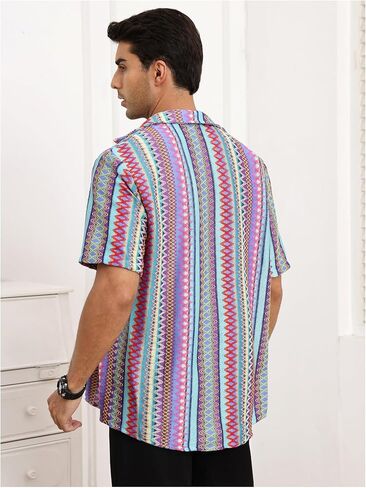 Oyoangle Men's Men Mens Mensure Button Button Down Down Dorts Block Short Sleeve Boho Facia Shirt in Saudi Arabia