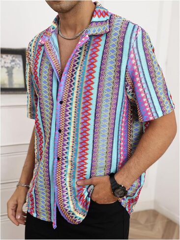 Oyoangle Men's Men Mens Mensure Button Button Down Down Dorts Block Short Sleeve Boho Facia Shirt in Saudi Arabia