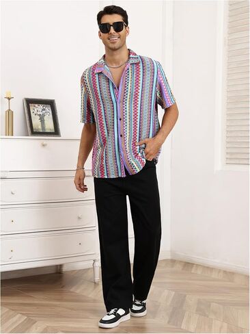 Oyoangle Men's Men Mens Mensure Button Button Down Down Dorts Block Short Sleeve Boho Facia Shirt in Saudi Arabia