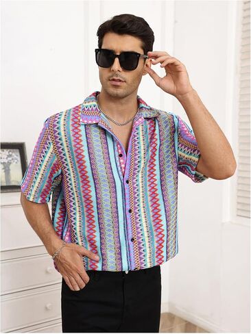Oyoangle Men's Men Mens Mensure Button Button Down Down Dorts Block Short Sleeve Boho Facia Shirt in Saudi Arabia