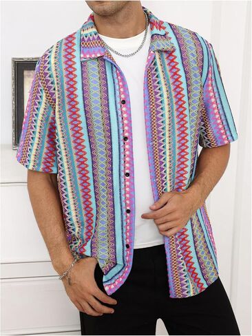 Oyoangle Men's Men Mens Mensure Button Button Down Down Dorts Block Short Sleeve Boho Facia Shirt in Saudi Arabia