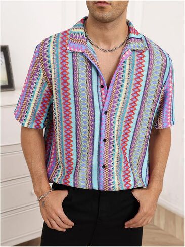 Oyoangle Men's Men Mens Mensure Button Button Down Down Dorts Block Short Sleeve Boho Facia Shirt in Saudi Arabia