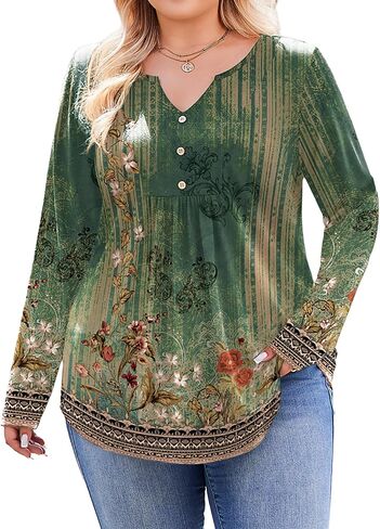 IN'VOLAND Plus Size Top for Womens Tunic Tops Long Sleeve Floral T-Shirts V-Neck Fall Dressy Blouse Casual Tops Green 3X in Saudi Arabia
