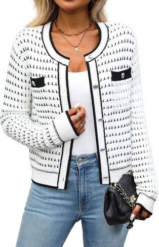 ELLEVEN Women's Cropped Tweed Knit Cardigan Sweater,Trendy Open Front Button Up Long Sleeve Cardigans with Pockets in Saudi Arabia