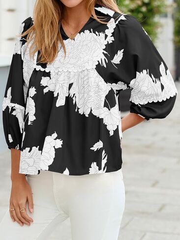Tankaneo Womens Floral Peplum Babydoll Tops 3/4 Puff Sleeve Pleated Blouse Cute Casual V Neck Loose Fit Flowy Boho Shirts in Saudi Arabia