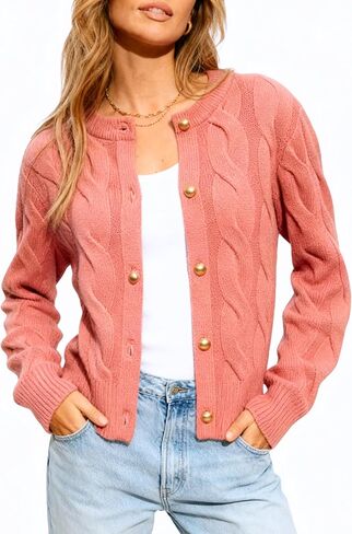 Omoone Short Cardigan Sweaters for Women Loose Crewneck Cable Knit Tops Casual Chunky Button Up Fall Outfits in Kuwait