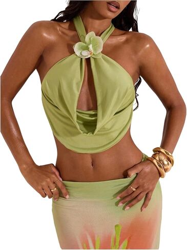 Makemechic Women's Watced Drage Halter Top 3D Floral Floralless Summeress Summer Beach Extract Tops Tops Tops Tops in Kuwait