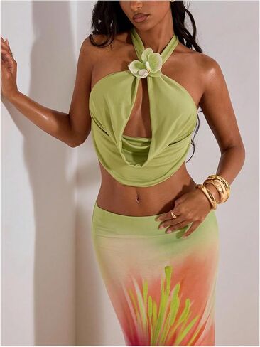 Makemechic Women's Watced Drage Halter Top 3D Floral Floralless Summeress Summer Beach Extract Tops Tops Tops Tops in Kuwait
