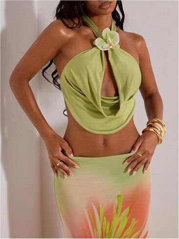 Makemechic Women's Watced Drage Halter Top 3D Floral Floralless Summeress Summer Beach Extract Tops Tops Tops Tops in Kuwait
