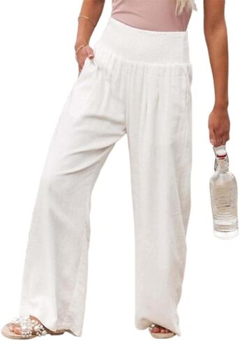 Women's High-Waist Wide-Leg Pants–Breathable Linen Blend with Elastic Waistband, Spacious Pockets. in Saudi Arabia