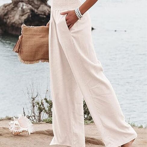 Women's High-Waist Wide-Leg Pants–Breathable Linen Blend with Elastic Waistband, Spacious Pockets. in Saudi Arabia