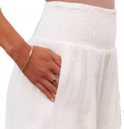 Women's High-Waist Wide-Leg Pants–Breathable Linen Blend with Elastic Waistband, Spacious Pockets. in Saudi Arabia