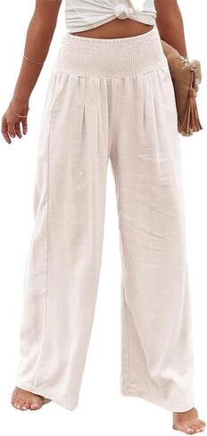 Women's High-Waist Wide-Leg Pants–Breathable Linen Blend with Elastic Waistband, Spacious Pockets. in Saudi Arabia