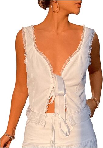 SOLY HUX Women's Y2k Lace Trim Open Tie Front Tank Top V Neck Sleeveless Tops Plain Black Medium-1 in Saudi Arabia
