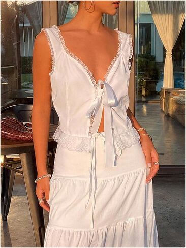 SOLY HUX Women's Y2k Lace Trim Open Tie Front Tank Top V Neck Sleeveless Tops Plain Black Medium-1 in Saudi Arabia