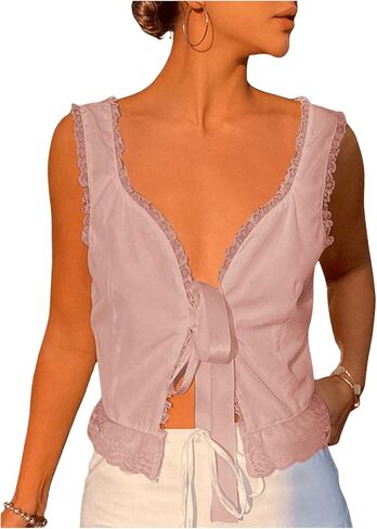 SOLY HUX Women's Y2k Lace Trim Open Tie Front Tank Top V Neck Sleeveless Tops Plain Black Medium-1 in Saudi Arabia