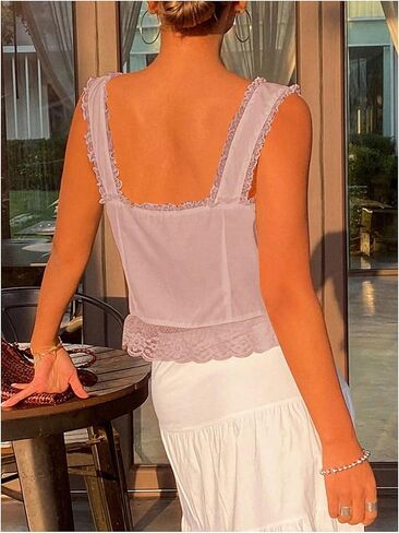 SOLY HUX Women's Y2k Lace Trim Open Tie Front Tank Top V Neck Sleeveless Tops Plain Black Medium-1 in Saudi Arabia