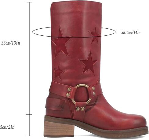 Goolita Women's Buckle Biker Knee High Boots Square Toe Chunky Heel Star Moto Mid Calf Boots Slip On Motorcycle Riding Boot in Saudi Arabia