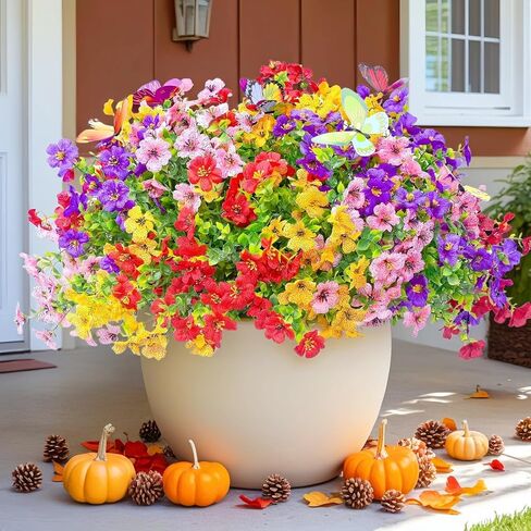 20 Bundles Artificial Flowers for Outdoors with 6 Faux Butterflies, UV Resistant Artificial Outdoor Plants Eucalyptus Silk Violet, Fake Flowers for Patio Garden Porch Home Decor (Orange Yellow) in Saudi Arabia