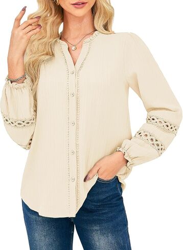 GRACE KARIN Women Dressy Casual Tops Long Sleeve Button Down Ruffle V Neck Blouse Business Work Shirt Summer Fall Outfit in Saudi Arabia
