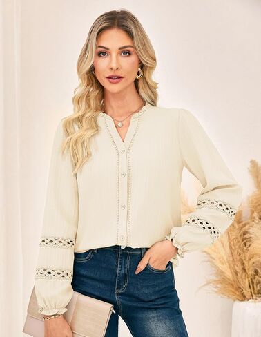 GRACE KARIN Women Dressy Casual Tops Long Sleeve Button Down Ruffle V Neck Blouse Business Work Shirt Summer Fall Outfit in Saudi Arabia