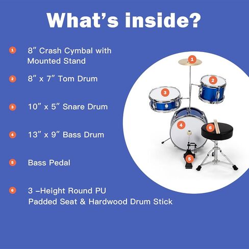 COSTWAY Kids Drum Set, 16" Junior Kit with Bass/Snare/Toms/Floor, Hi-Hat, Cymbal, Pedal, Seat, Drumsticks, 3 PCS Children's Beginner Instrument for Age 3-12 (Black) in Saudi Arabia