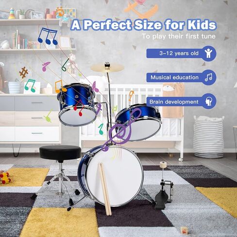 COSTWAY Kids Drum Set, 16" Junior Kit with Bass/Snare/Toms/Floor, Hi-Hat, Cymbal, Pedal, Seat, Drumsticks, 3 PCS Children's Beginner Instrument for Age 3-12 (Black) in Saudi Arabia