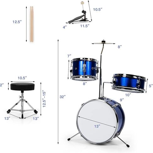 COSTWAY Kids Drum Set, 16" Junior Kit with Bass/Snare/Toms/Floor, Hi-Hat, Cymbal, Pedal, Seat, Drumsticks, 3 PCS Children's Beginner Instrument for Age 3-12 (Black) in Saudi Arabia