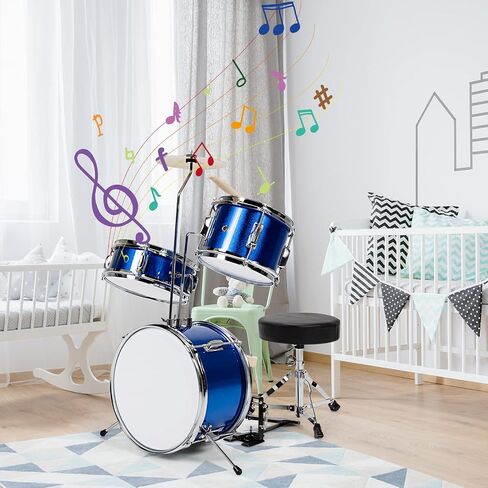 COSTWAY Kids Drum Set, 16" Junior Kit with Bass/Snare/Toms/Floor, Hi-Hat, Cymbal, Pedal, Seat, Drumsticks, 3 PCS Children's Beginner Instrument for Age 3-12 (Black) in Saudi Arabia