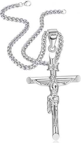 Besteel Sterling Silver Crucifix Necklace للرجال نساء - قلادة صليب فضية للرجال مع سلسلة حبل الفولاذ المقاوم للصدأ معمودية الكاثوليكية يسوع عبر المجوهرات in Saudi Arabia