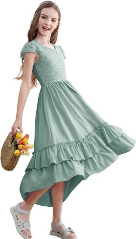 Girls Dresses for Teens Flower Girl Dress Ruffle Sleeve Lace Boho Formal Clothes for Wedding Party Graduation 6-13 Years in Saudi Arabia