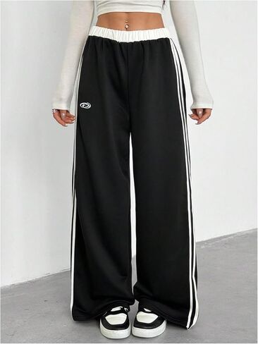 بنطال رياضي فضفاض للفتيات من OYOANGLE بنطال رياضي مخطط بأرجل واسعة وخصر مطاطي للتمرين in Saudi Arabia