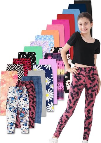 سراويل ضيقة بحزام خصر مطاطي للفتيات، 6 قطع من السراويل الضيقة ذات الخصر الملفوف للأطفال البنات سراويل سادة/مطبوعة in Kuwait