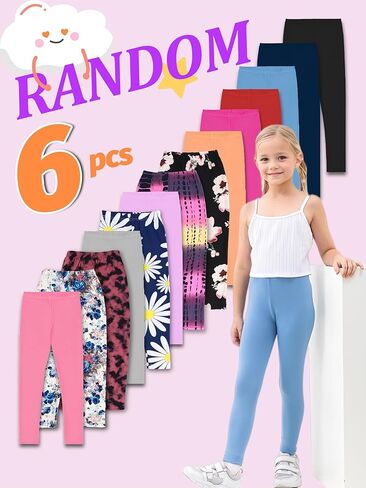 سراويل ضيقة بحزام خصر مطاطي للفتيات، 6 قطع من السراويل الضيقة ذات الخصر الملفوف للأطفال البنات سراويل سادة/مطبوعة in Kuwait