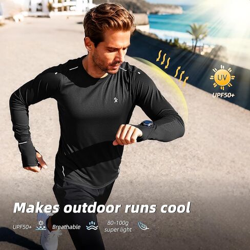Men's Reflective Long Sleeve Running Shirt for Men, Watch & Thumb Hole - Quick Dry Athletic Top, Night Running, Hiking in Kuwait