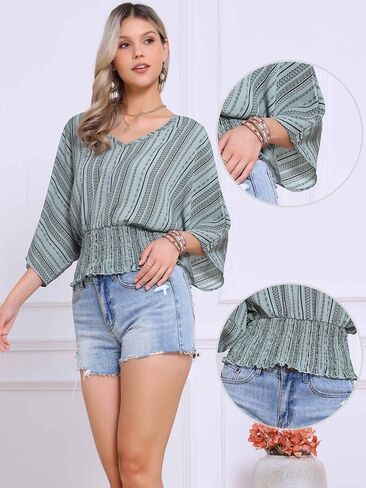 Allegra K Tops for Women's Summer Boho V Neck Print Chiffon Top Smocked Batwing Dolman Sleeve Blouses in Saudi Arabia