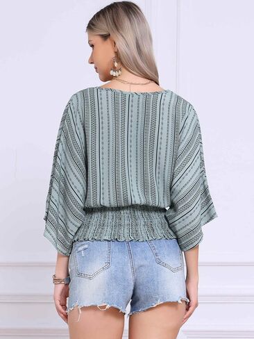 Allegra K Tops for Women's Summer Boho V Neck Print Chiffon Top Smocked Batwing Dolman Sleeve Blouses in Saudi Arabia