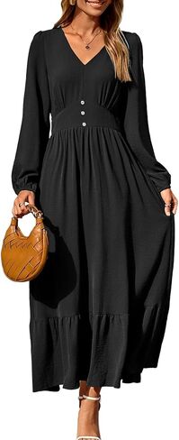 Dokotoo Womens Dresses Fashion 2025 Long Sleeve v Neck Maxi Dresses Elegant Nased Flowy Tiered Boho Beach Extivities in Kuwait