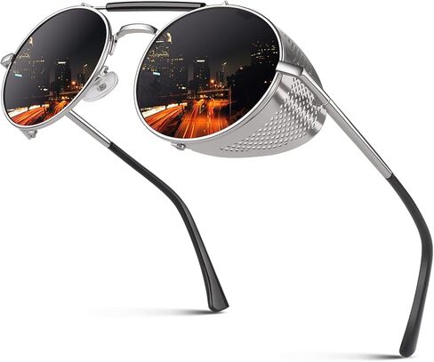 CGID Retro Steampunk Round Polarized Sunglasses Men Womens Metal Side Shield UV400 Protection in Kuwait