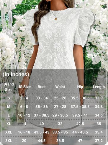 Women's Elegant Floral Jacquard Dress, Puff Sleeve Lightweight Shift Mini Dresses for Summer Casual in Saudi Arabia