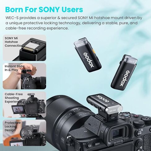 GODOX WEC-S Kit2 نظام ميكروفون لاسلكي لسوني، جهاز استقبال Hotshoe لكاميرا سوني، ميكروفون لاسلكي ثنائي القناة 2.4G، نطاق 200 متر (656 قدم)، ميكروفون Lavalier لإلغاء الضوضاء in Saudi Arabia
