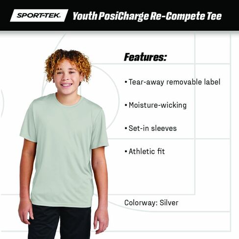 SPORT-TEK Youth PosiCharge Re-Compete Tee | تي شيرت خفيف الوزن بأكمام قصيرة للأولاد والبنات، ملابس صيفية للأطفال in Saudi Arabia