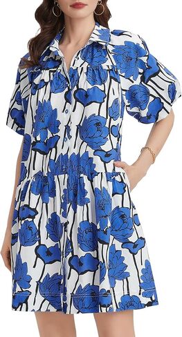Kedera Women's Summer Button Down Shirt Dress Floral Puff Short Sleeve Casual Loose Fit Beach Mini Dresses in Kuwait